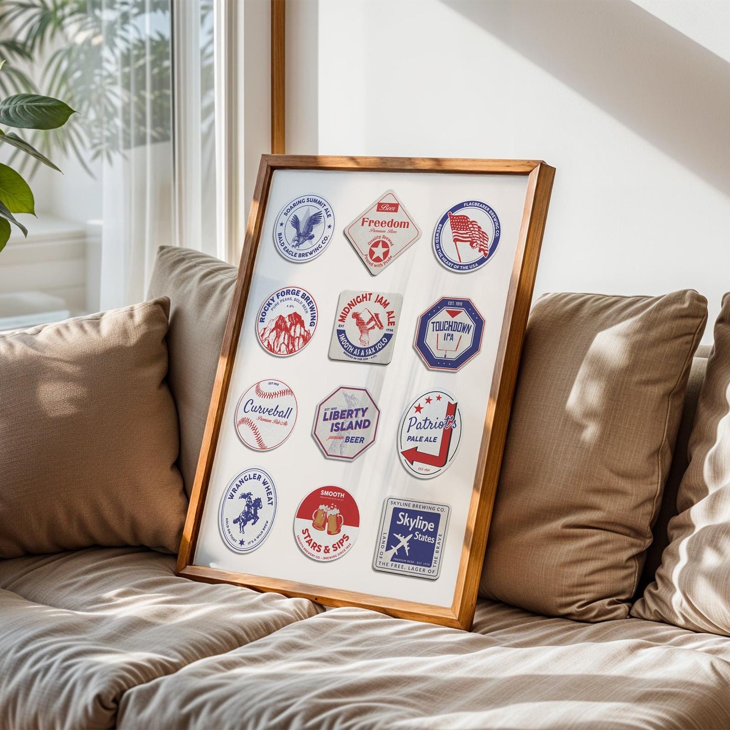 Printable USA pub mat art with NYC, San Francisco, Route 66. Great digital gift for travellers and pub beer lovers.