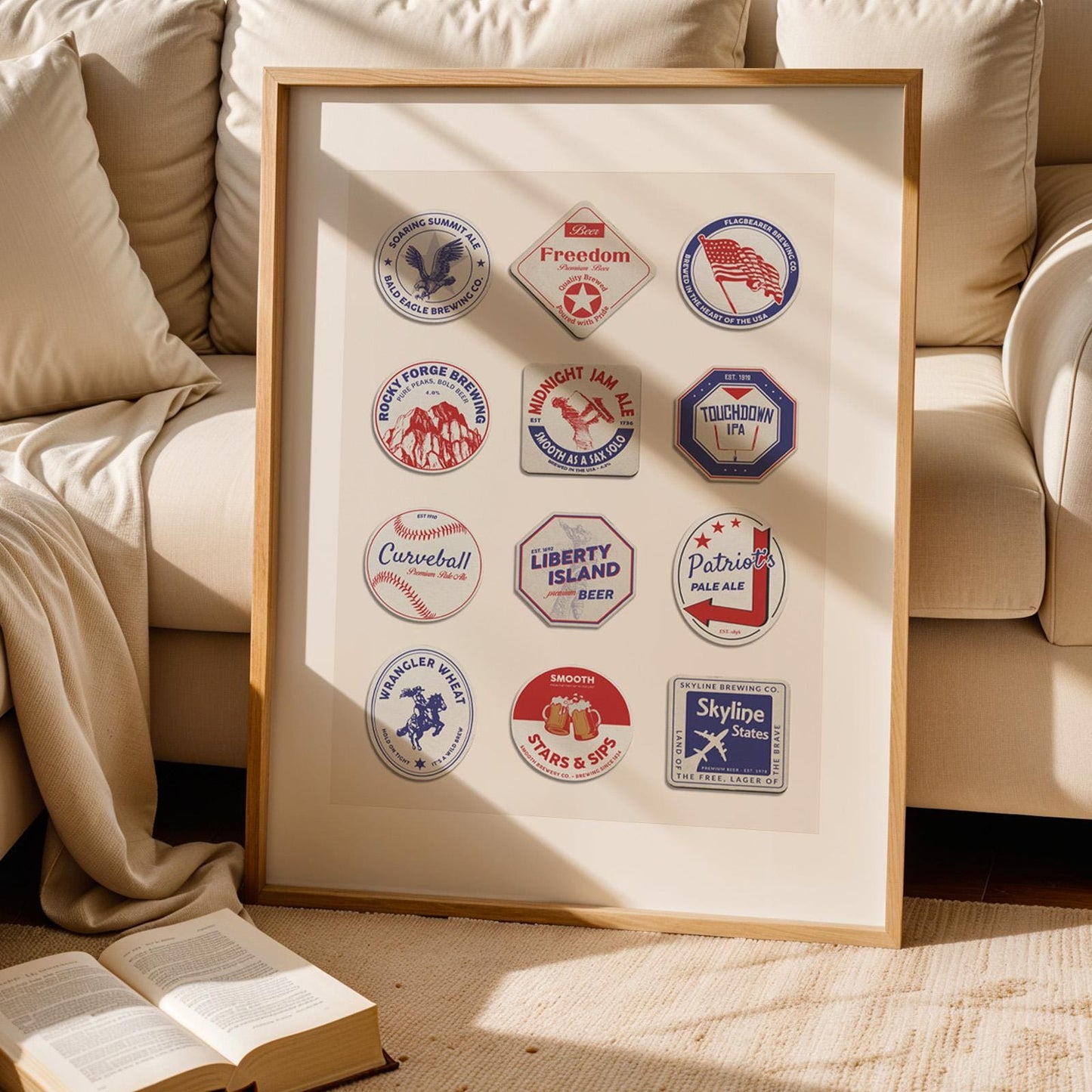 Digital USA beer mat poster with iconic cities and beer traditions. Perfect printable gift for pub lovers and travellers.