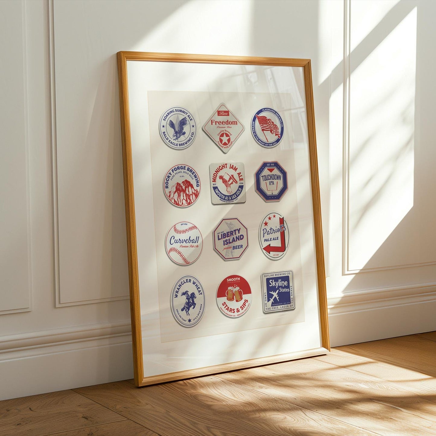 Framed USA travel pub mat print with Miami, Yellowstone landmarks, ideal for kitchen, office, or bar area.