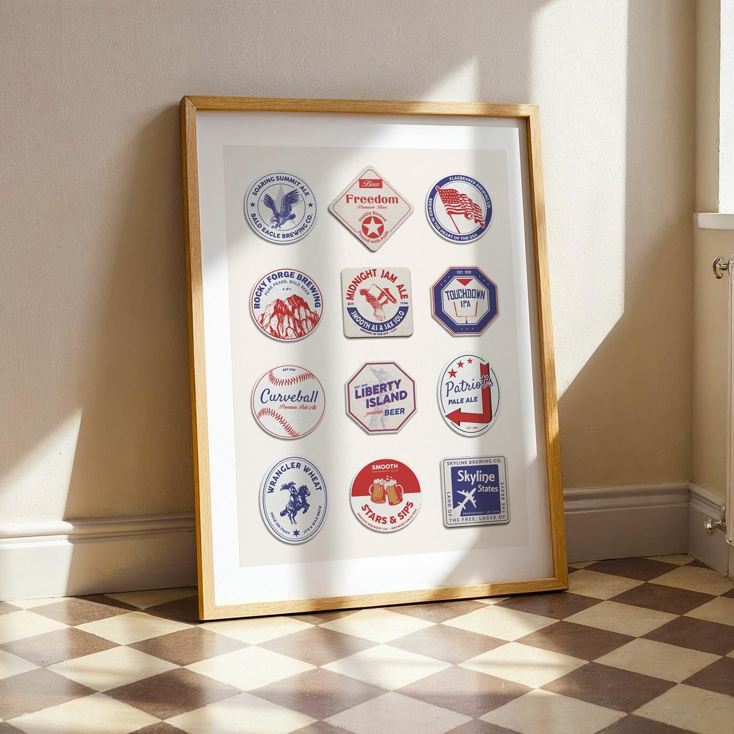 USA travel beer mat digital printable with famous cities and beer culture. Ideal pub gift for travellers and holidays.