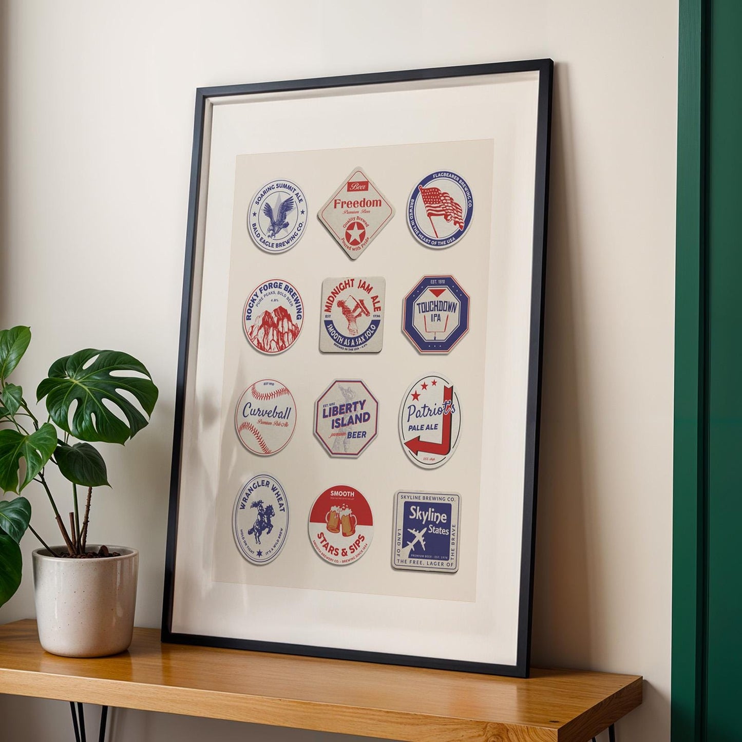 America traveller pub art digital file with NYC, Denver, Niagara Falls landmarks. Perfect printable gift for beer lovers.