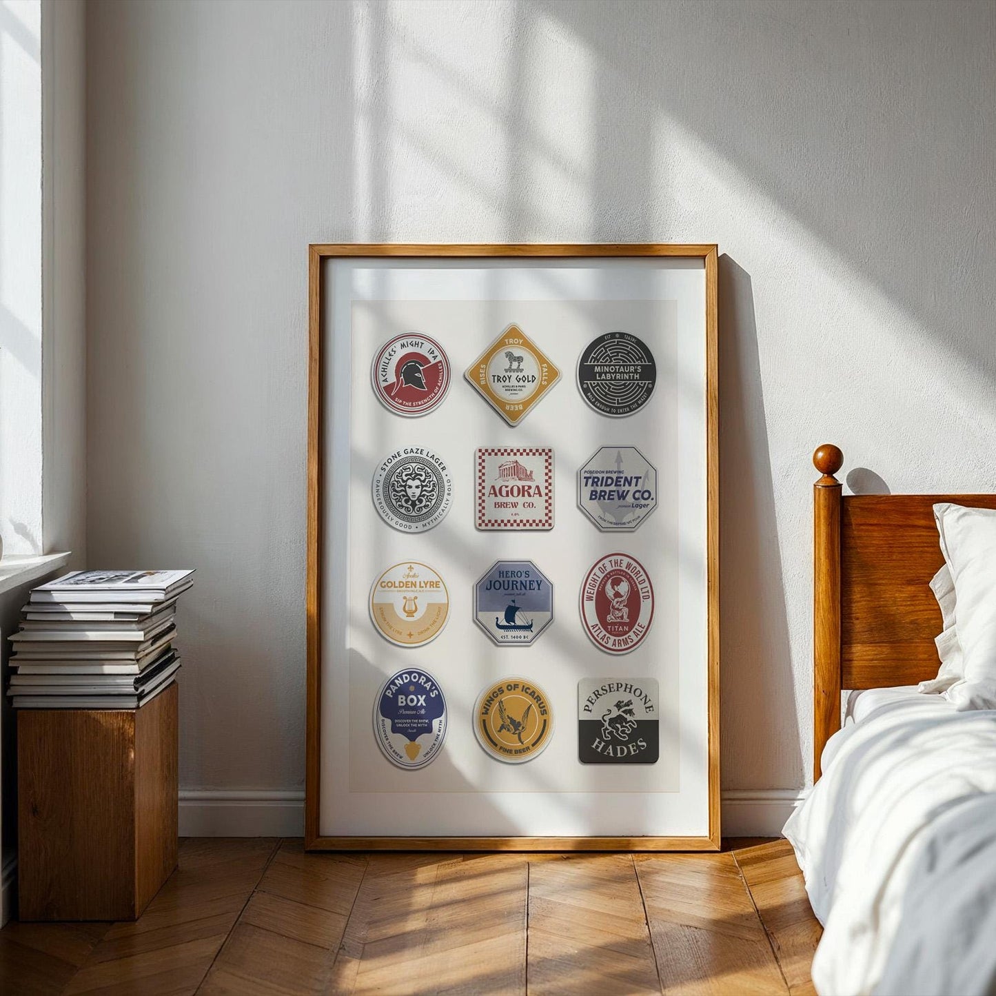 Mythological coaster pub art with Hera, Zeus, and legendary stories. Great gift for pub and holiday décor.