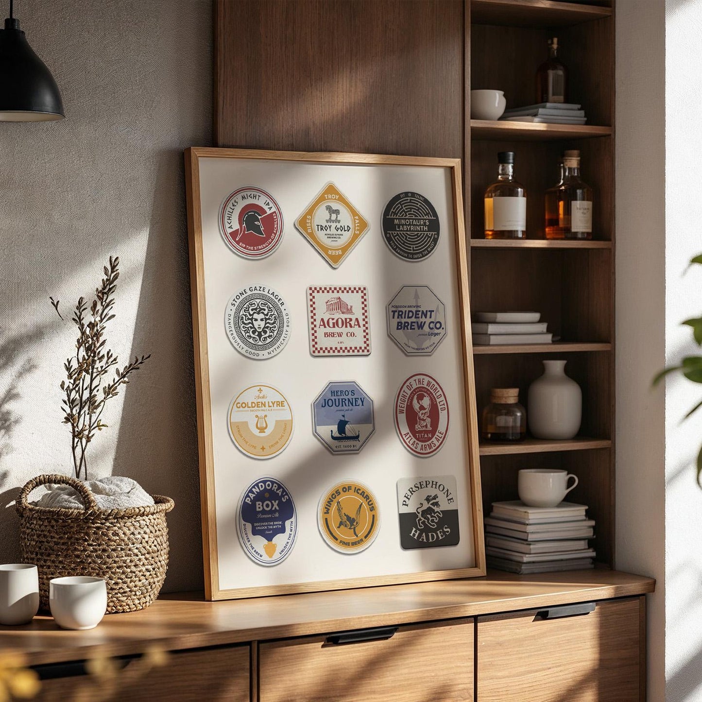 Beer mat art with Dionysus, god of wine, and Greek myths. Perfect present for travellers and beer lovers.