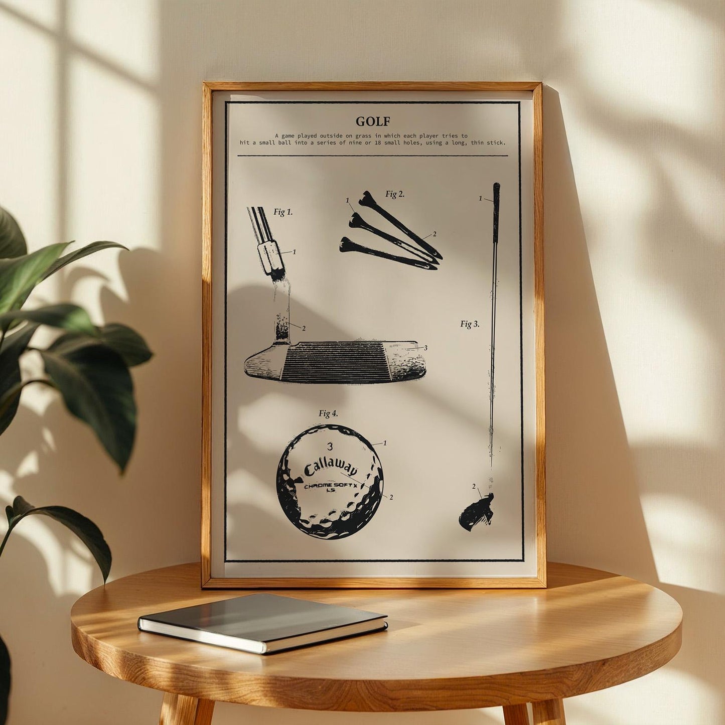 Framed retro golf art leaning on wall, heritage poster, embossed design, ready to print and frame.