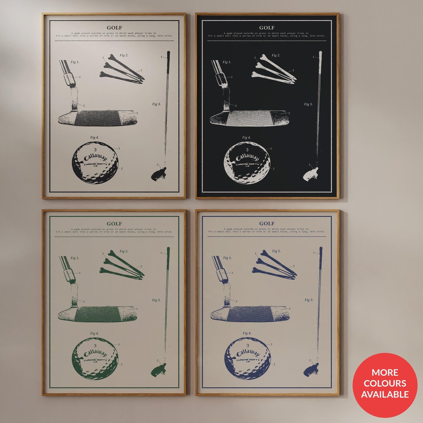 Rustic framed sports blueprint art on wall, golf accessories artwork, ideal men’s gift available in quick download.