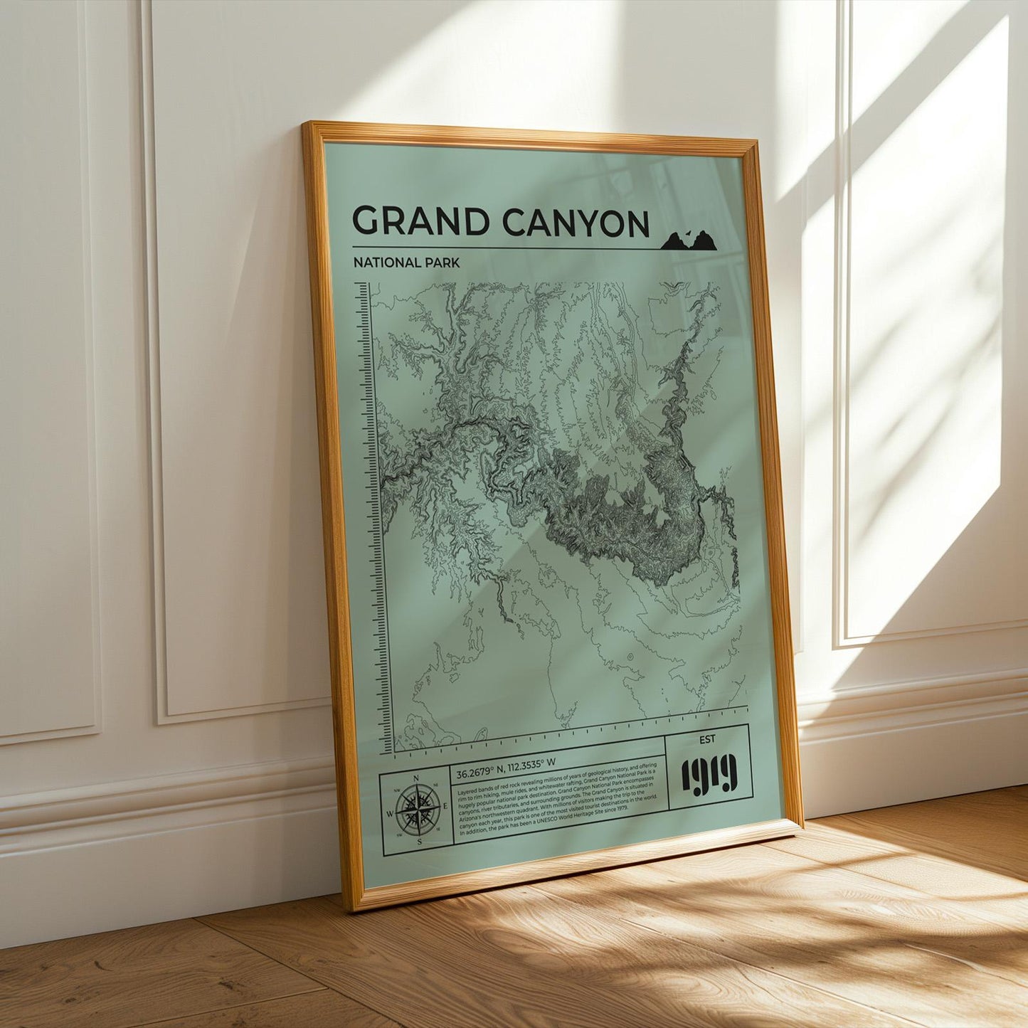 Framed green Grand Canyon topography poster, detailed map art, ideal for nature and hiking fans.
