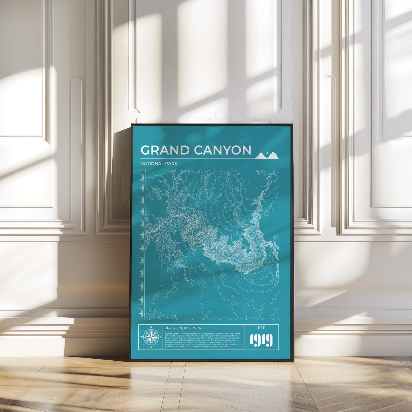Grand Canyon topography framed poster in blue, detailed landscape art for nature enthusiasts.
