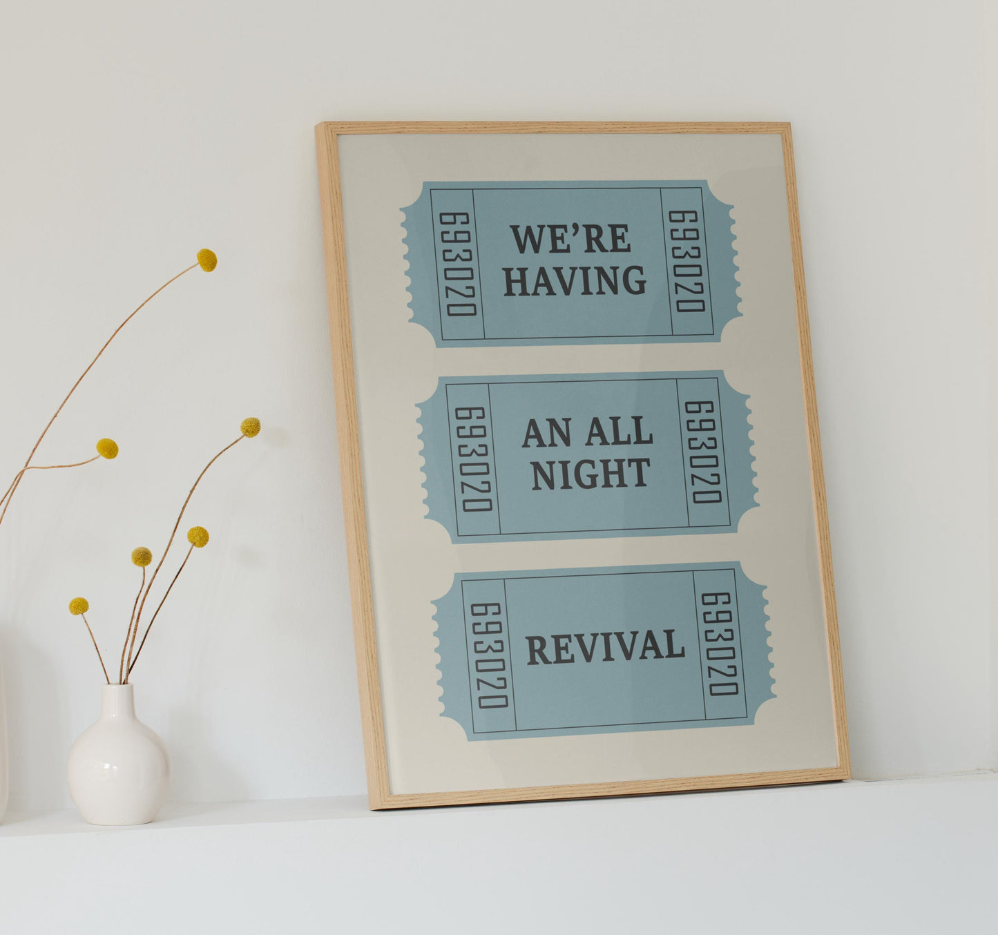 Printable wall art with “we're having an all night revival” on three vintage tickets, ideal for country music fans.
