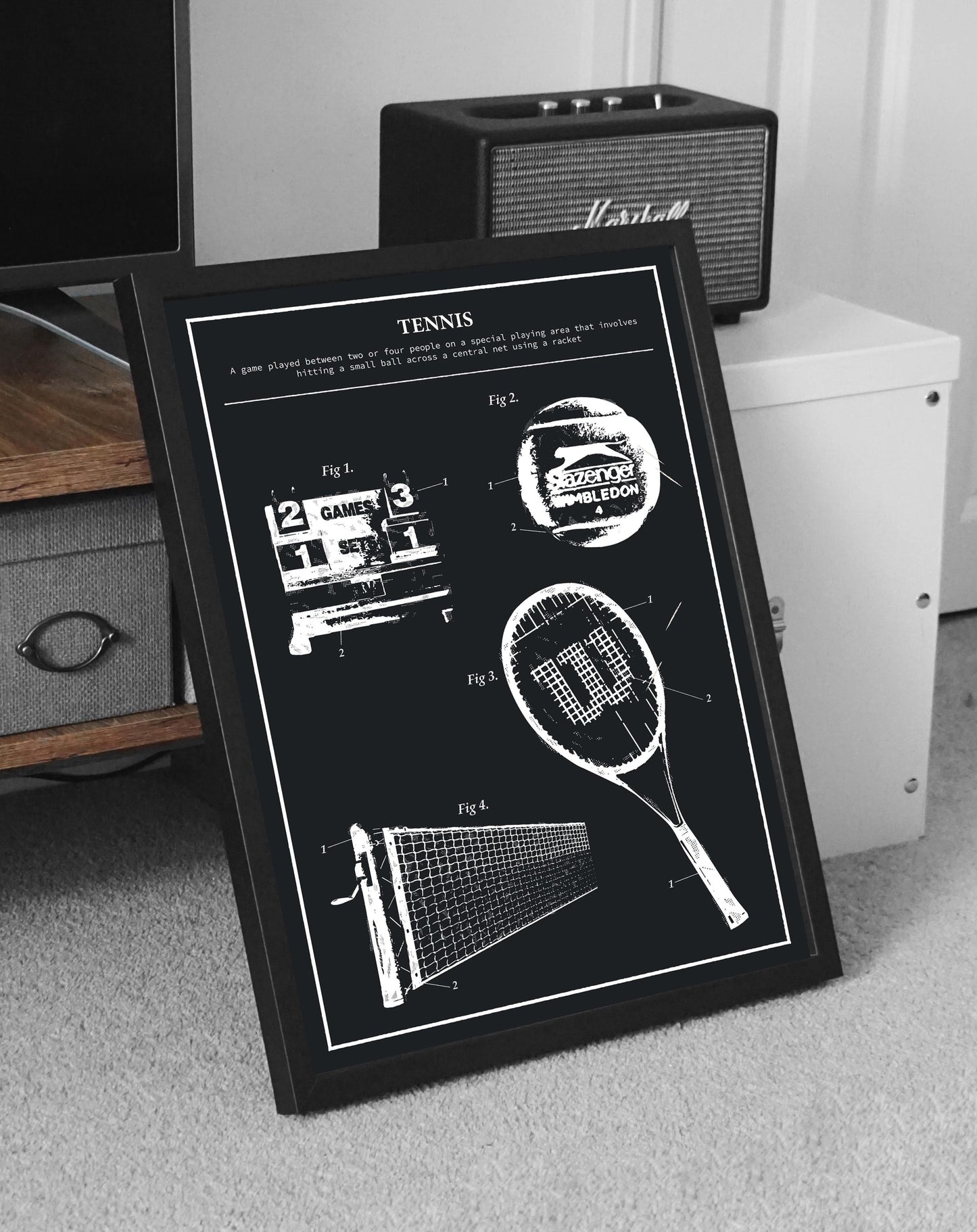 Framed tennis schematic poster with court layout and racket design, great for clubs, lounges, or home gyms.