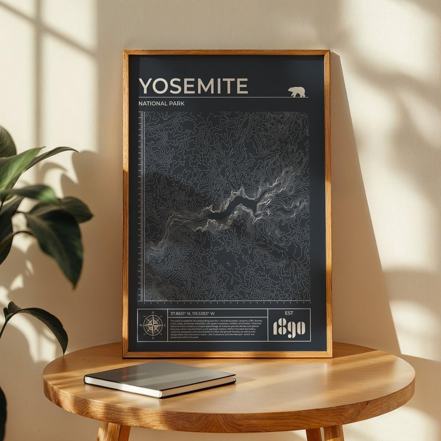 Yosemite topographic poster grey framed, ideal outdoor adventure decor and gift for camping fans.