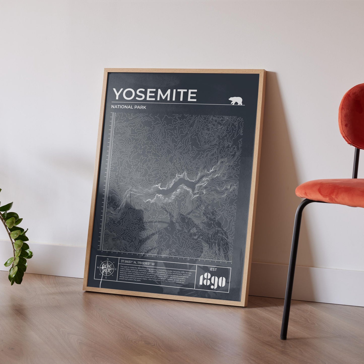 Digital hiking trail map poster of Yosemite, quick download, great gift for trekking fans.