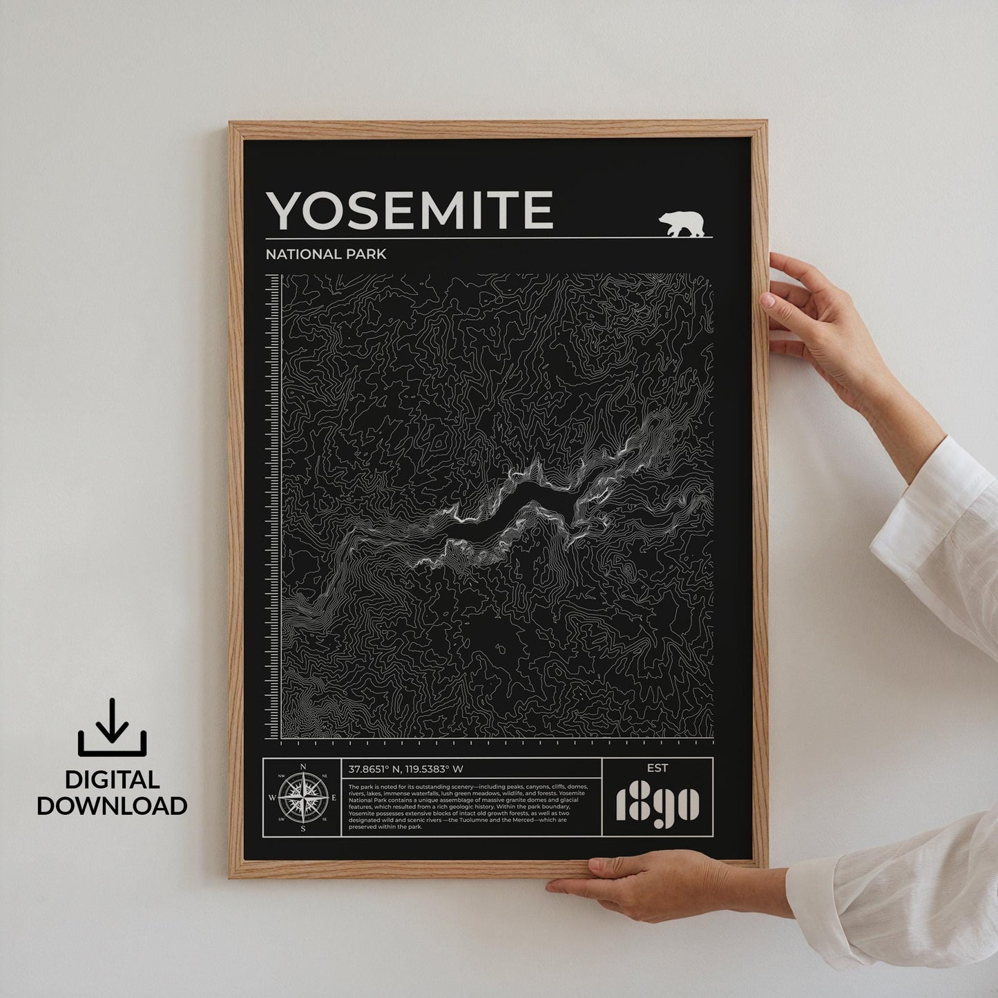 Instant download Yosemite topographic map art, perfect digital file for hiking and nature lovers.