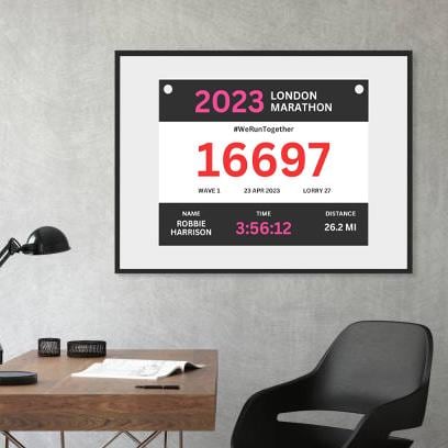 Running print with athlete event date and time, in frame in home office. Unique gift, race souvenir.