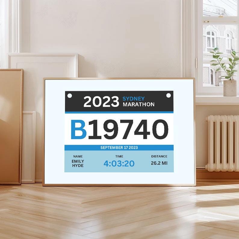Custom digital marathon bib print with runner name and race time, available for instant download. Great marathon keepsake.