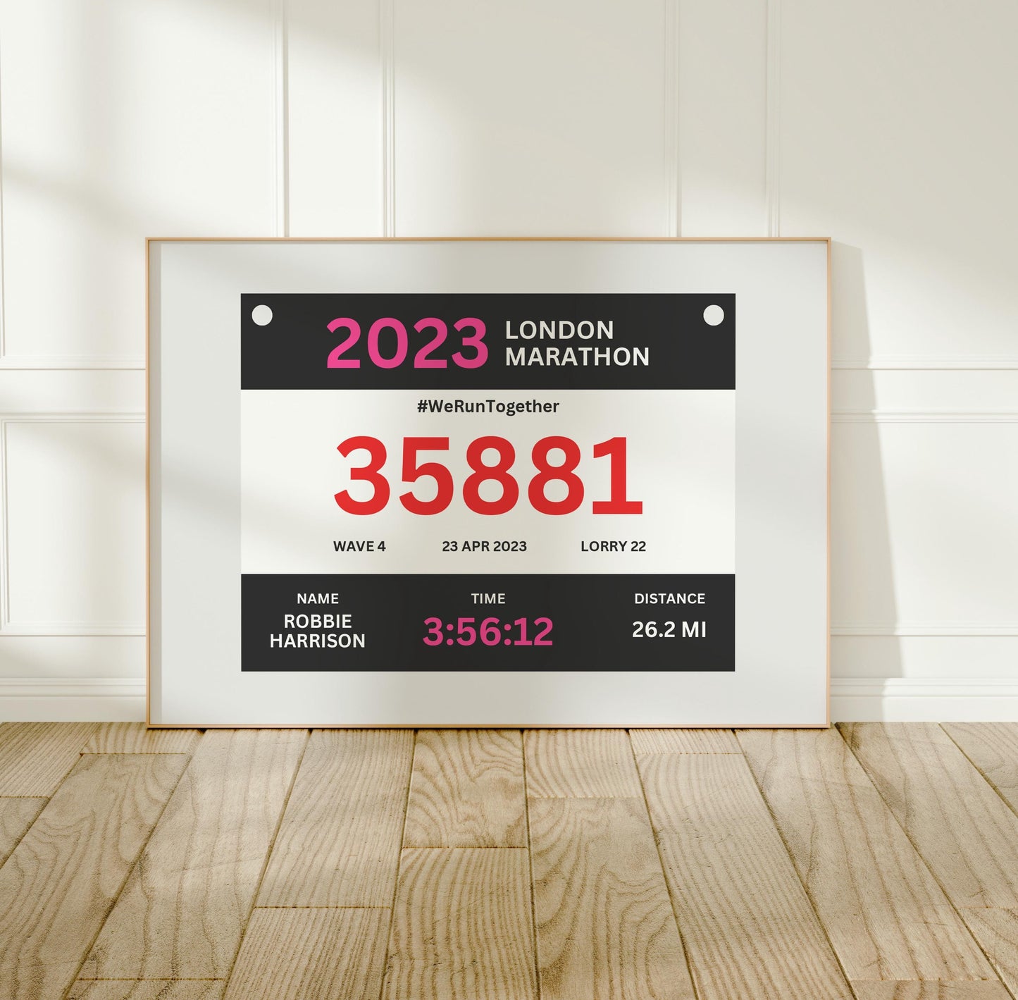 Personalized digital marathon bib print featuring event details and finish time. Ideal downloadable runner one of a kind gift