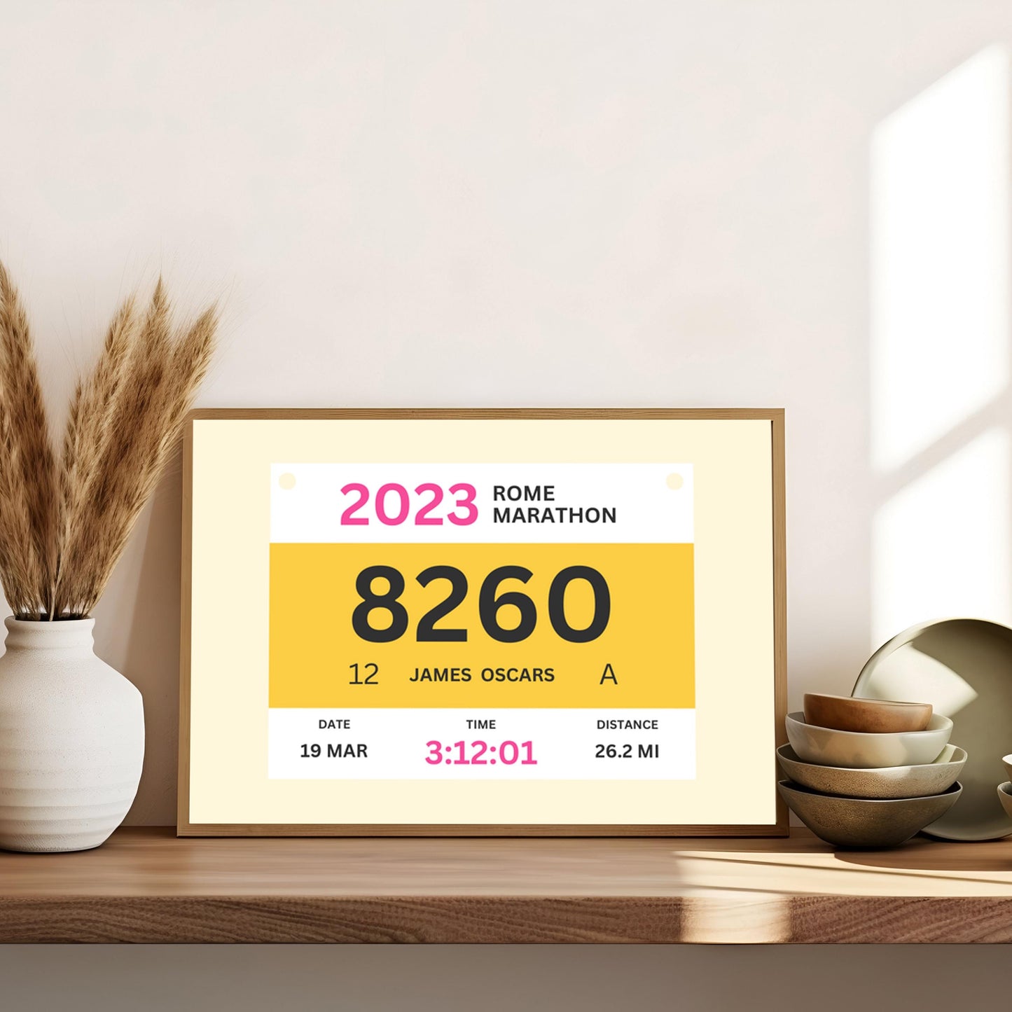 Downloadable digital marathon bib print on shelf with personalized details. Great gift for runners and marathon enthusiasts.