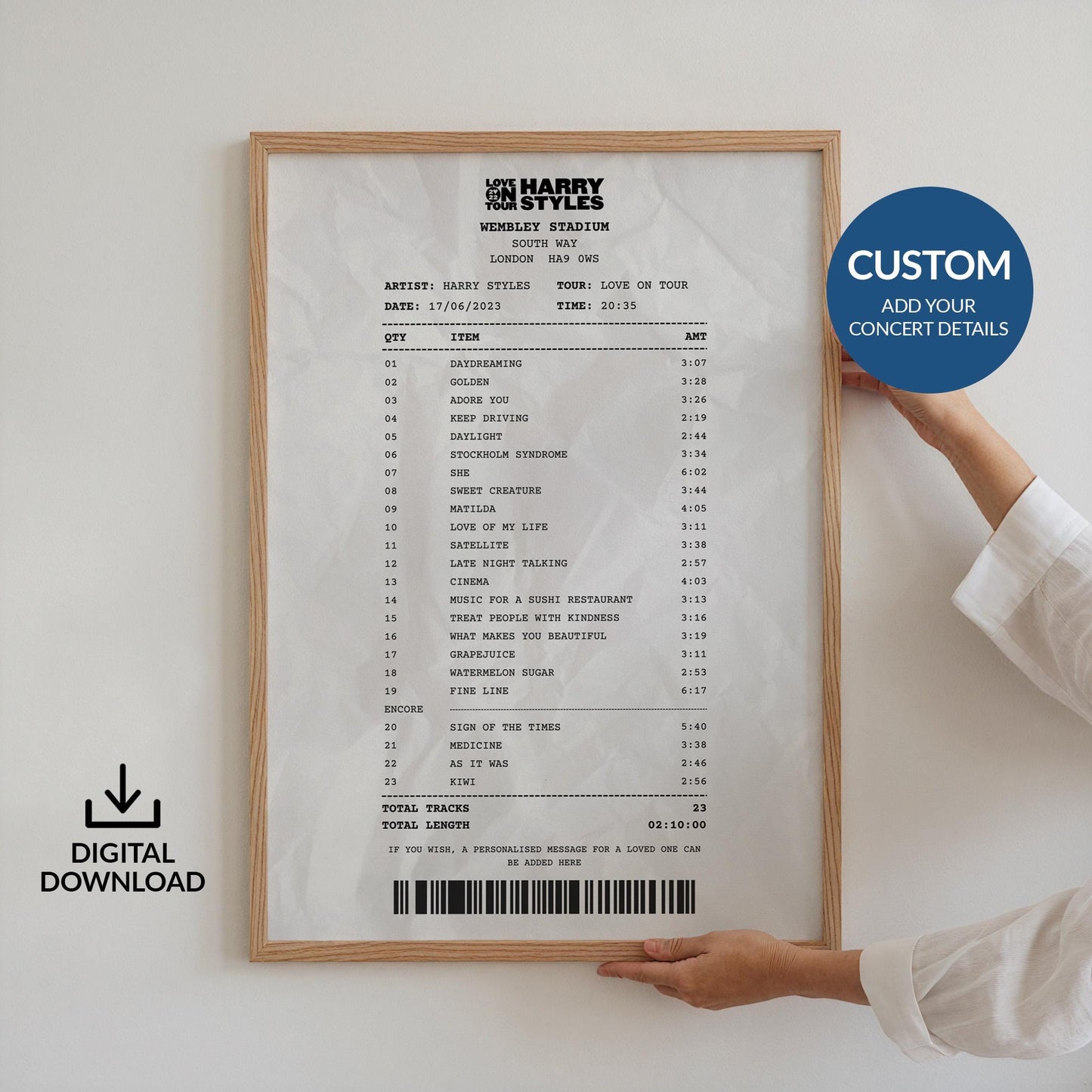 Digital download concert setlist poster custom receipt design ideal for music lovers and printable gifts
