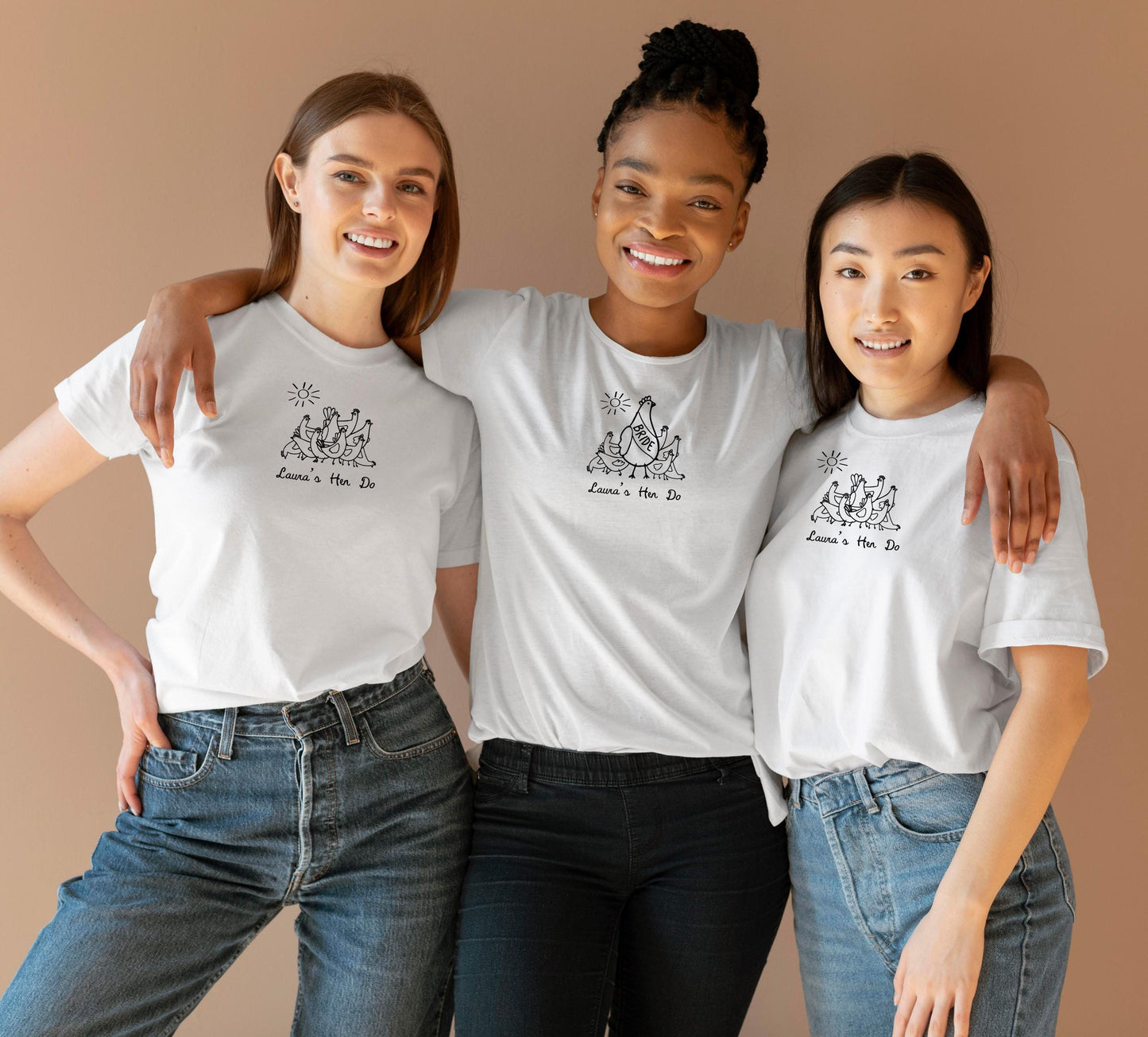 Personalized hen party shirt with hen sketches, great for bride and bridesmaid matching sets.