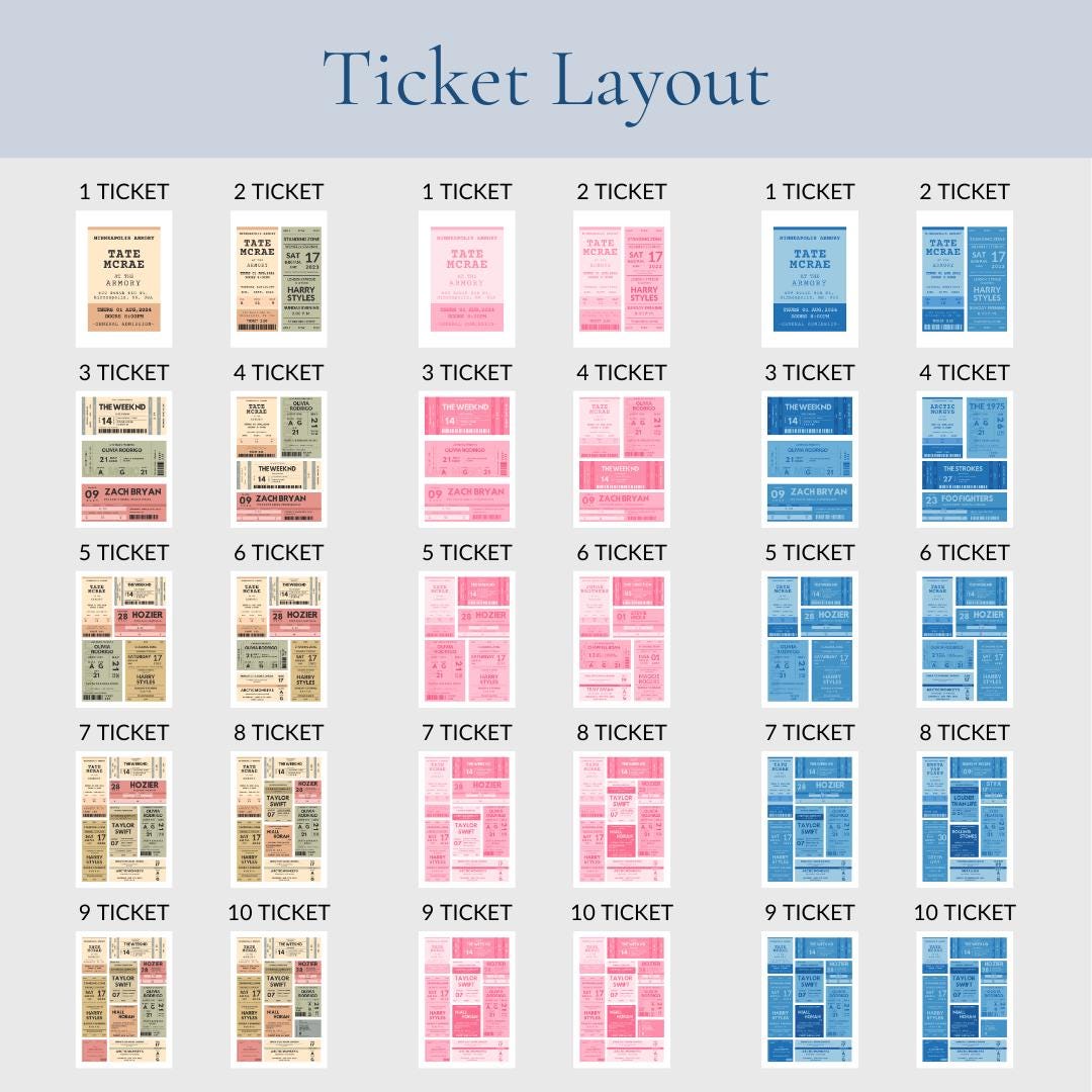 Bespoke vintage concert wall art can be personalised to have between 1-10 tickets of your gigs on them.
