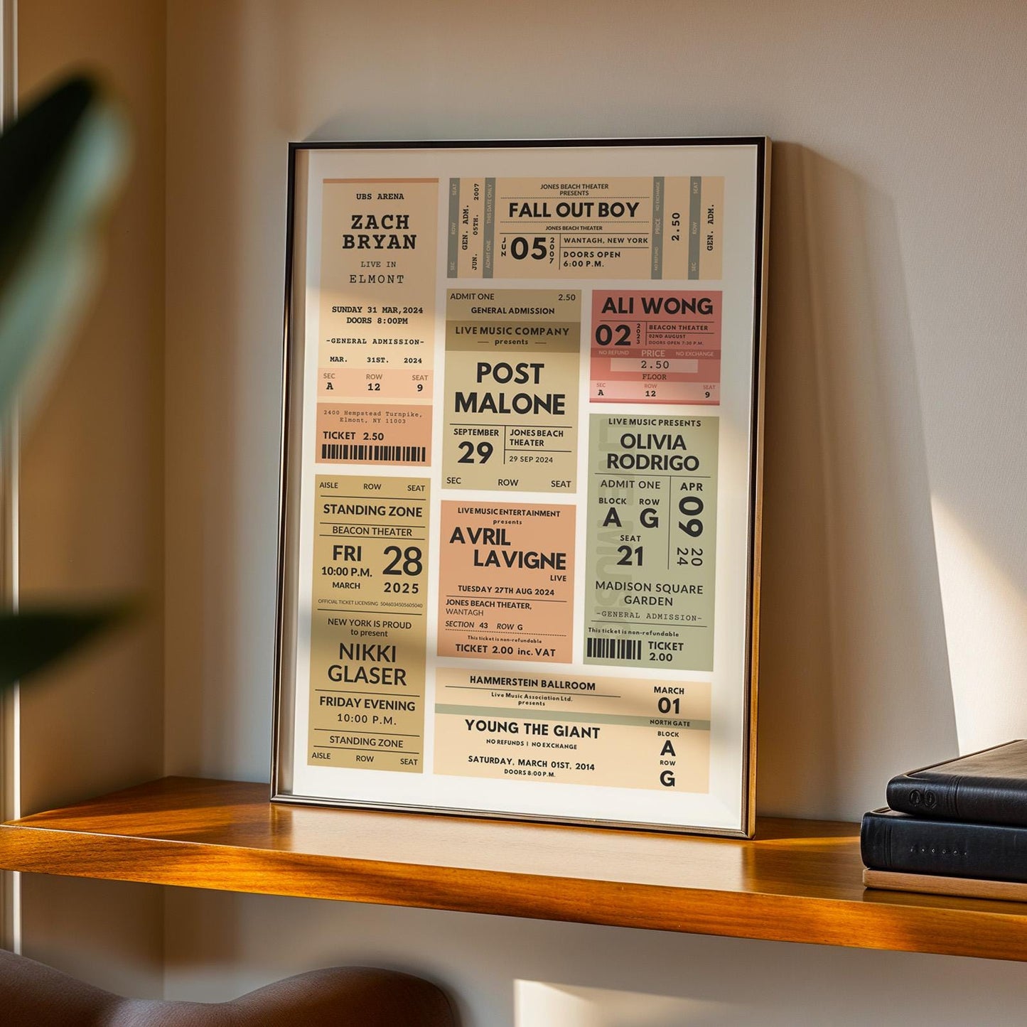 Custom vintage music event ticket print, framed on shelf bespoke design, perfect nostalgic music gig gift idea.