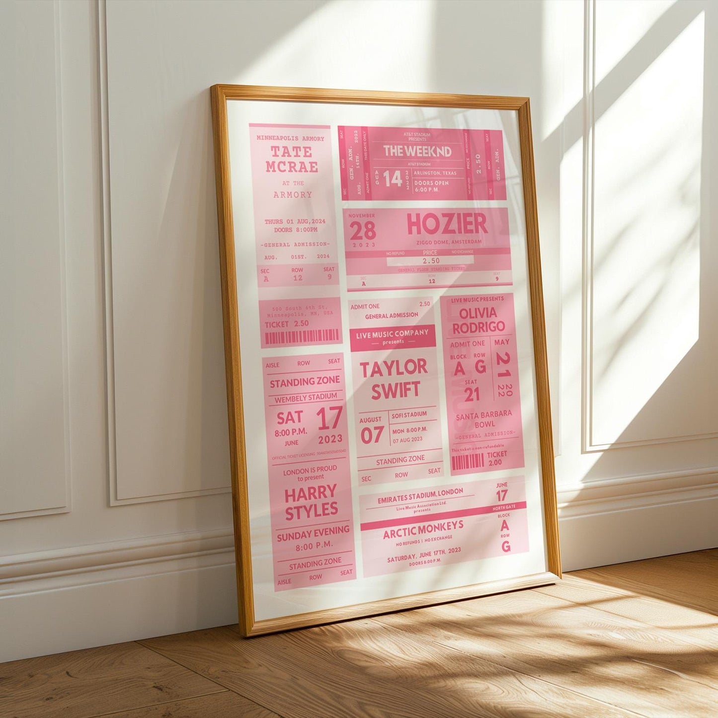 Personalised girly pink custom concert ticket poster stub wall art, bespoke framed vintage print, unique keepsake gift for festivals