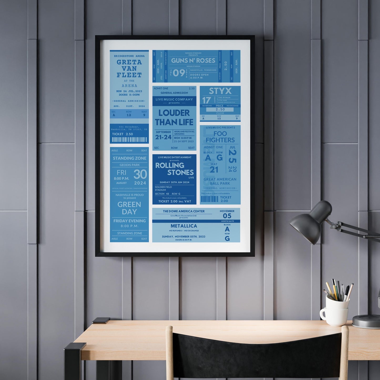 Framed blue personalised concert ticket keepsake, bespoke vintage art, ideal music festival gift.