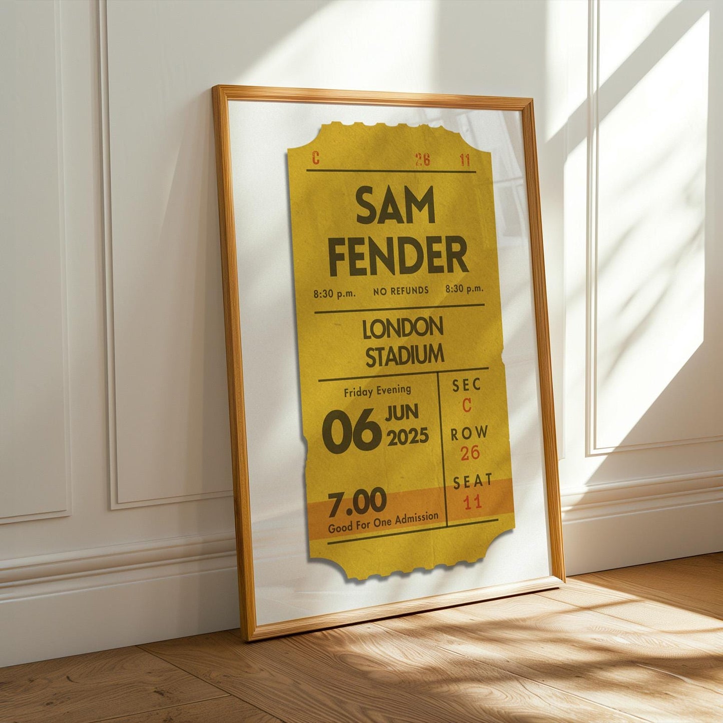 Printable yellow concert ticket poster framed minimal on floor, custom digital file, nostalgic keepsake gift.