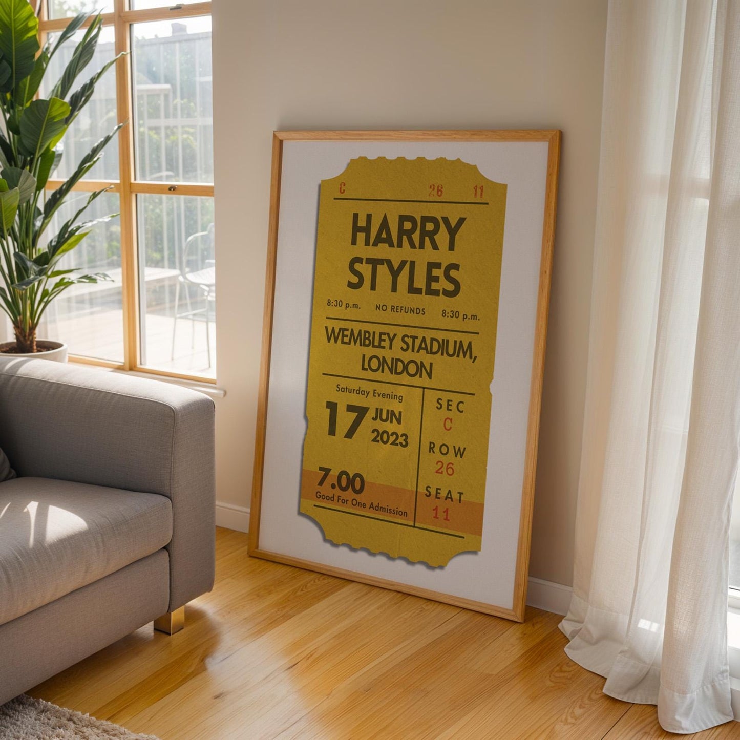 Digital personalised single concert ticket in butter yellow, bespoke vintage poster gift idea. One of a kind unique art.