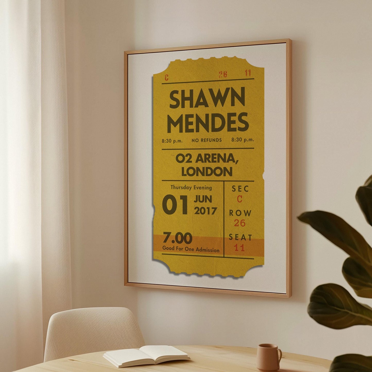 Personalised statement yellow ticket poster, digital download, bespoke vintage concert design.