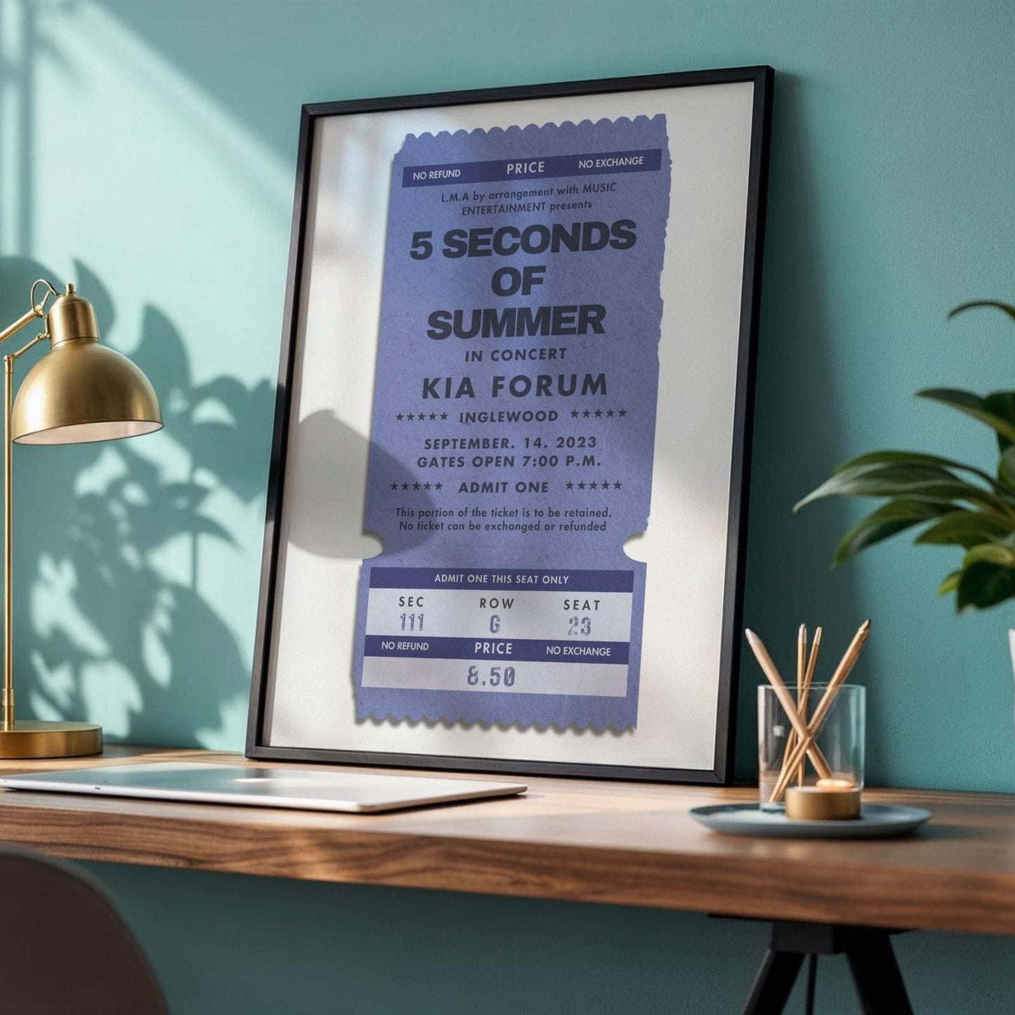 Digital concert ticket print in deep blue, single customised design, thoughtful keepsake. Nostalgic and unique memory present