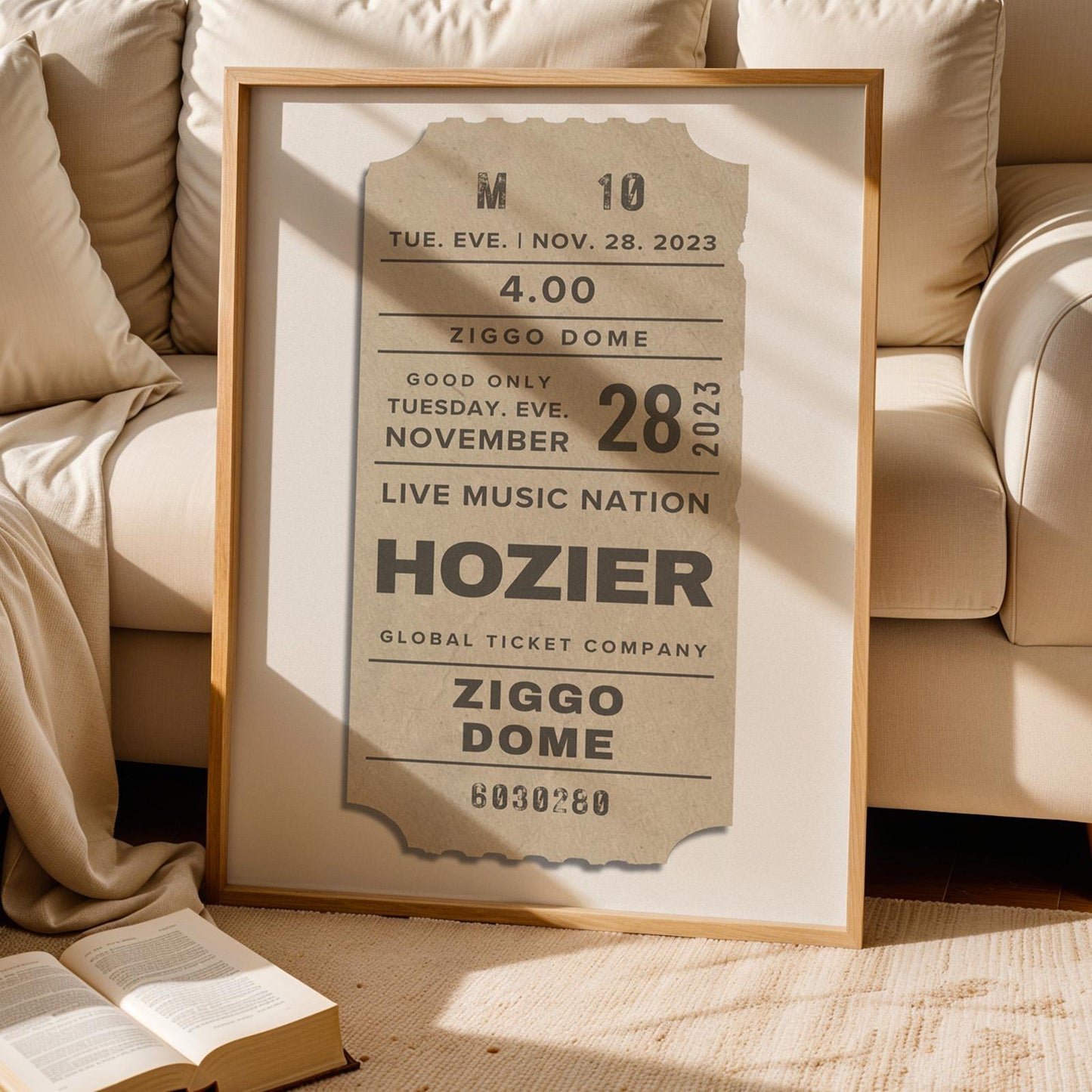Personalised one of a kind concert ticket in warm beige, printable nostalgic file, perfect music memory keepsake.