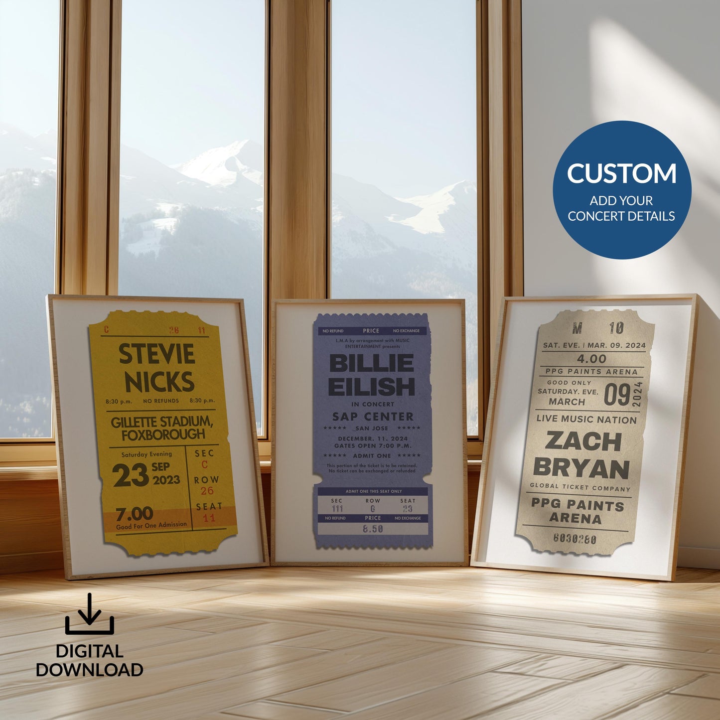 Digital bundle of 3 personalised concert ticket posters in yellow, blue, and beige, vintage-style printable set.