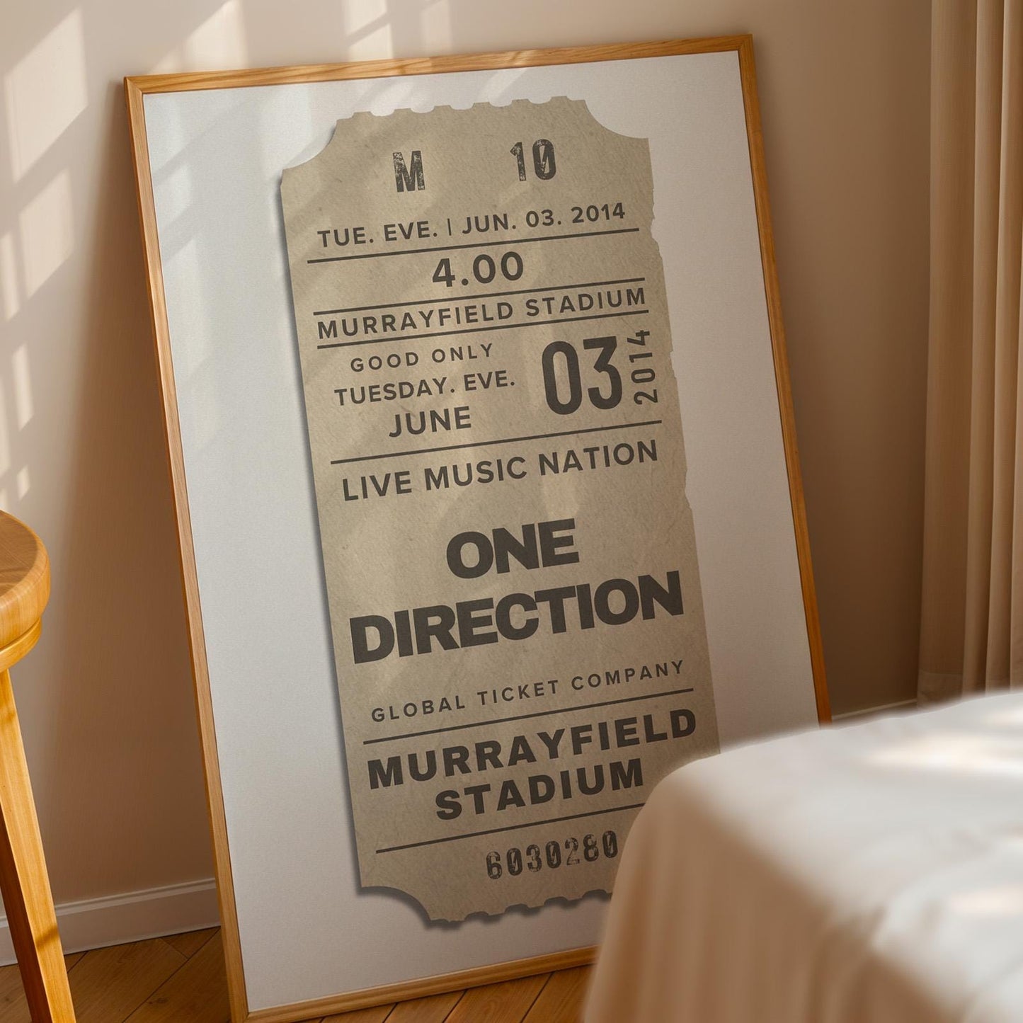 Custom concert ticket digital trio, downloadable beige, navy, and mustard posters, perfect gift keepsakes.