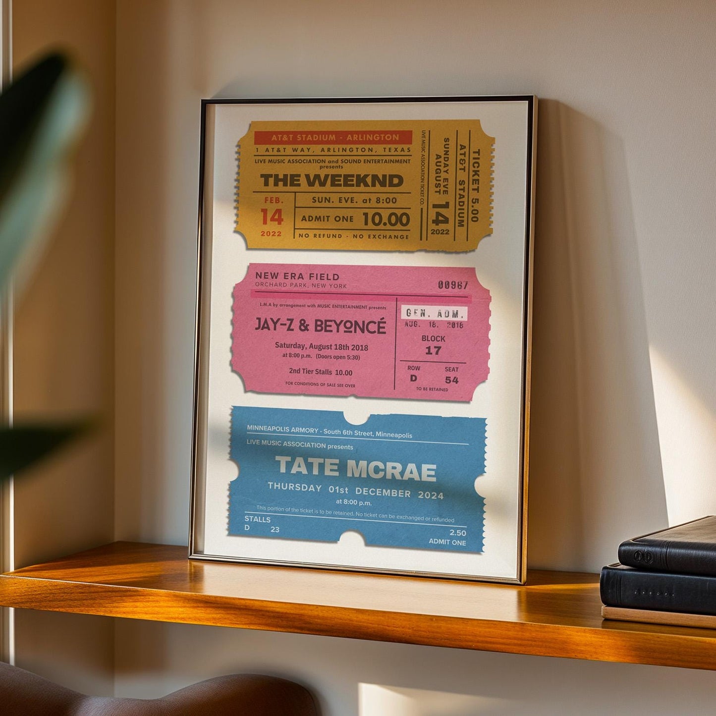 Digital tickets poster, nostalgic music gift for personal memories and festival fans. Leaning on wall poster in office