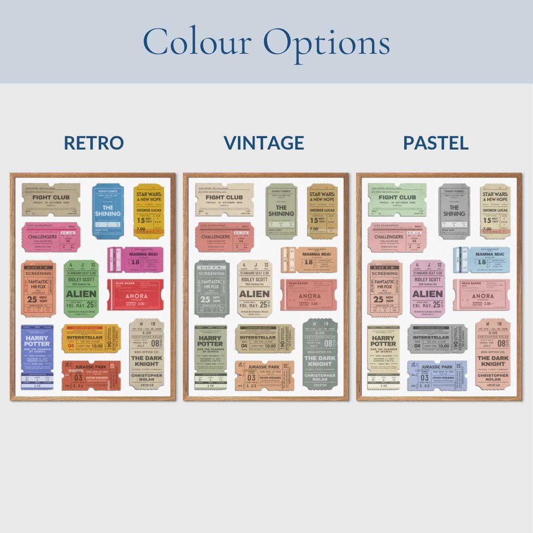 Vintage movie ticket stubs digital artwork comes in either vintage, retro or pastel colour schemes.