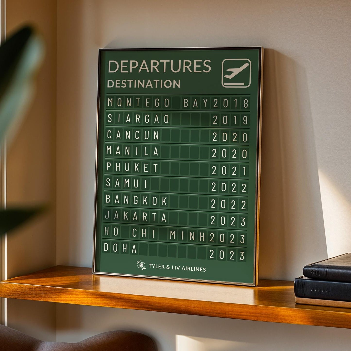 Custom framed departure board poster with your holidays and dates ideal gift for travel lovers and explorers