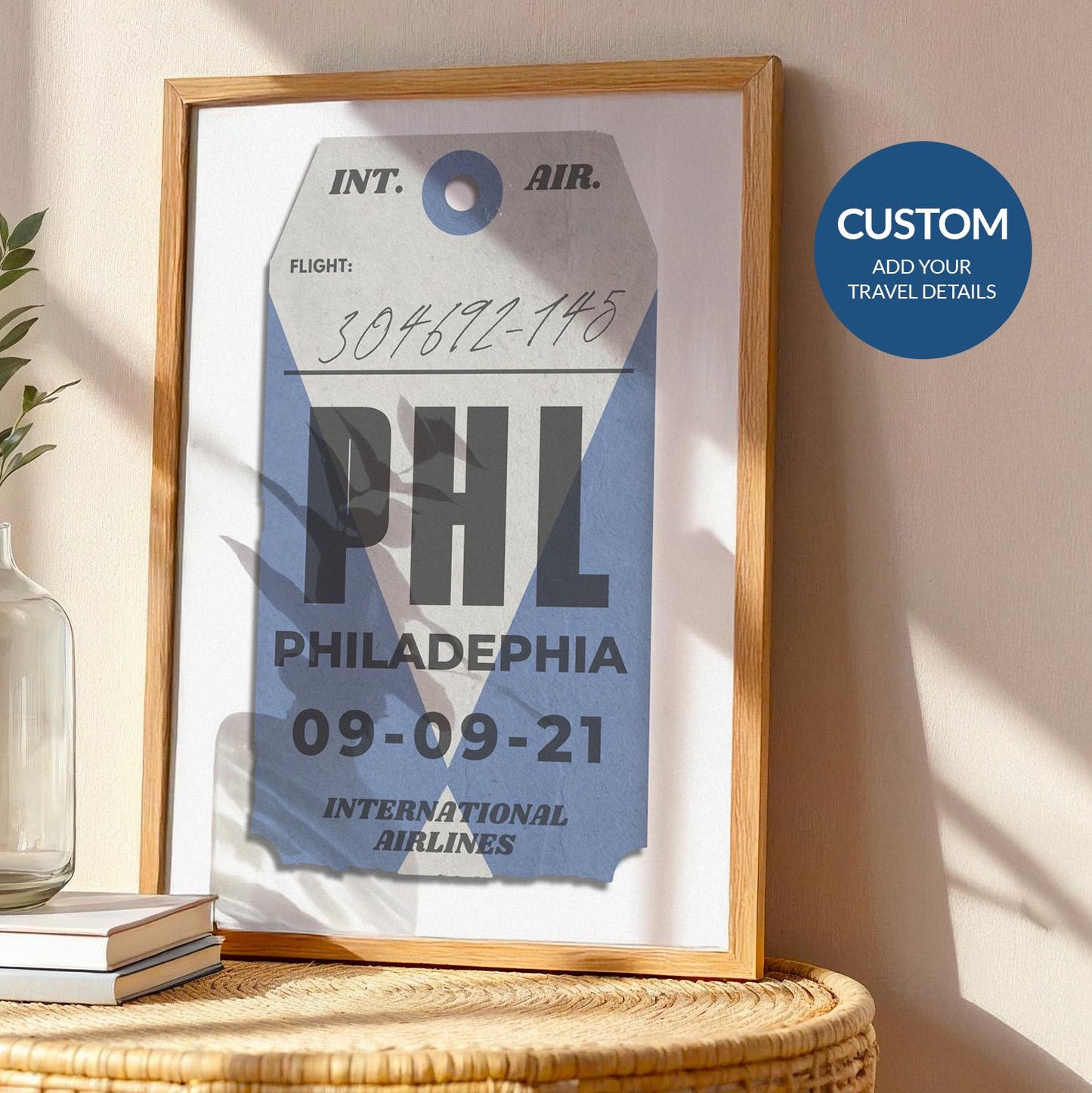 Framed blue luggage tag vintage poster leaning on wall, bespoke travel gift for holidays, flights, and nostalgic memories.