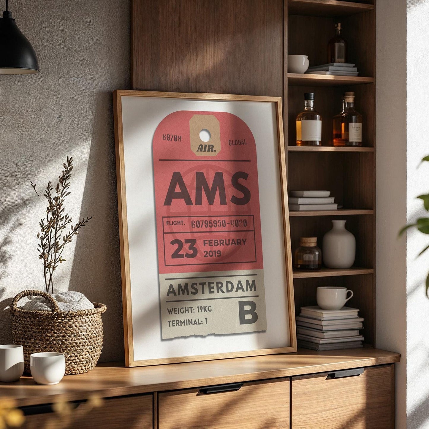 Digital red luggage tag poster, bespoke vintage-style travel gift for holidays, flights, and airport keepsakes.