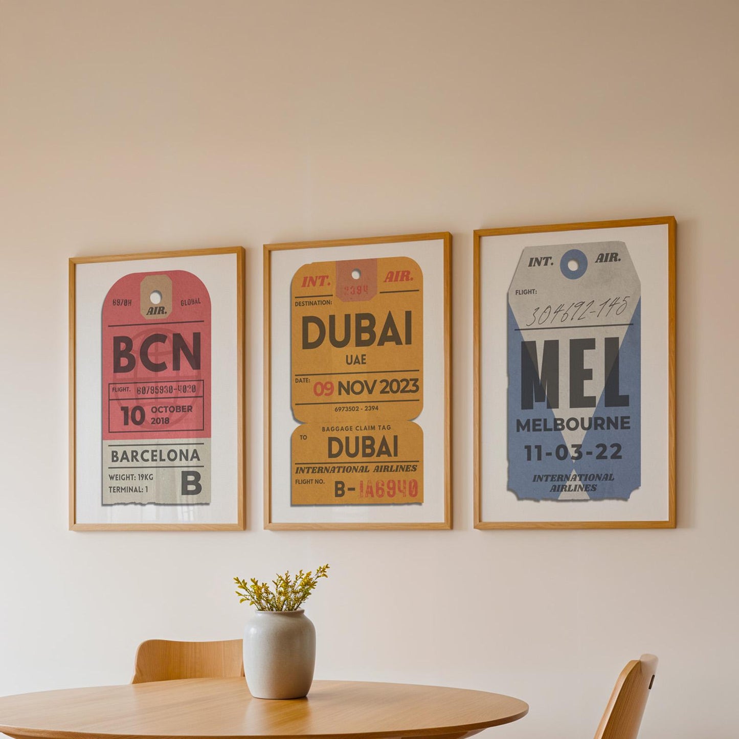 Trio of vintage boarding pass prints, red, yellow, and blue bundle, perfect traveller gift set for holiday and flight memories.