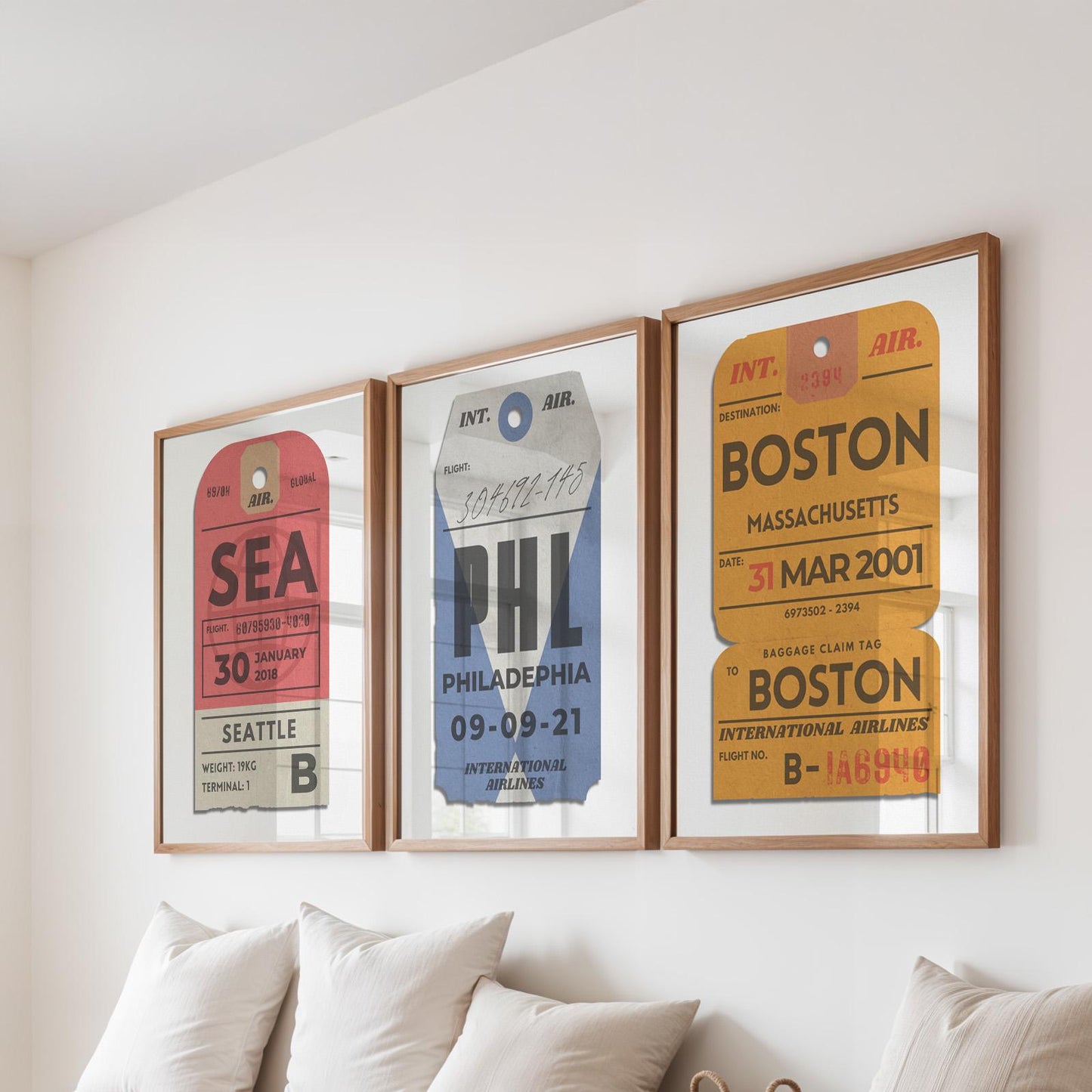 Vintage luggage tag trio, red, blue, yellow posters, perfect holiday gift for travellers and nostalgic memories.