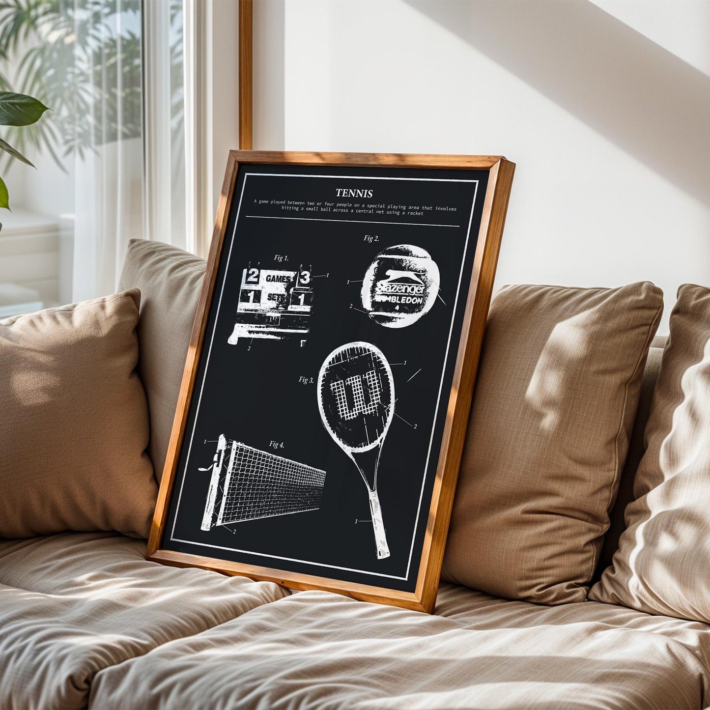 Printable tennis wall art with vintage patent drawings, great digital gift for fans and competitive players. propped on sofa