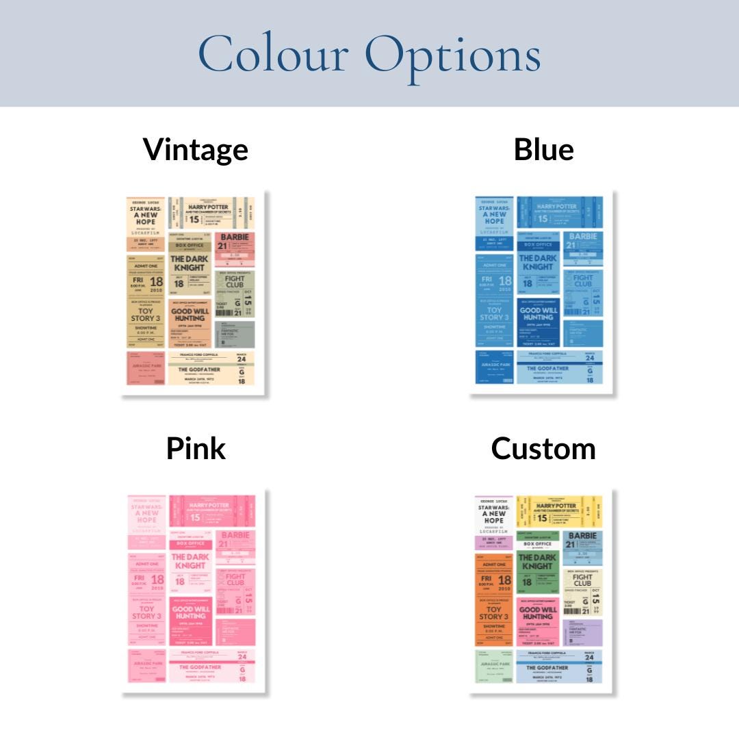 Retro cinema stub digital print comes in pink, blue, vintage and custom colour options. To suit all spaces and home decor