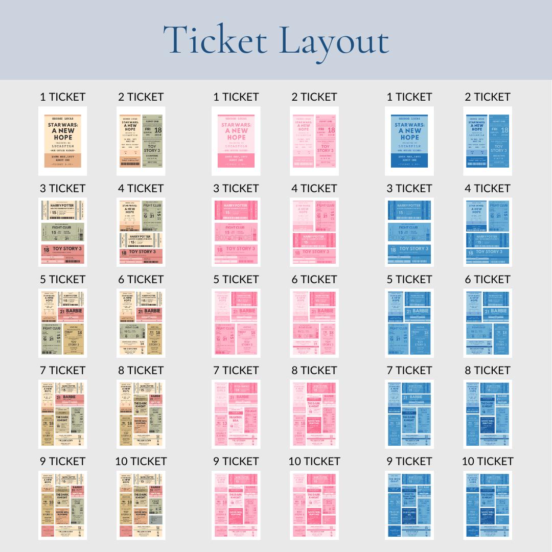 Printable retro cinema ticket art, 1-10 tickets can be made for your print and all of your favourite film ticket stubs.