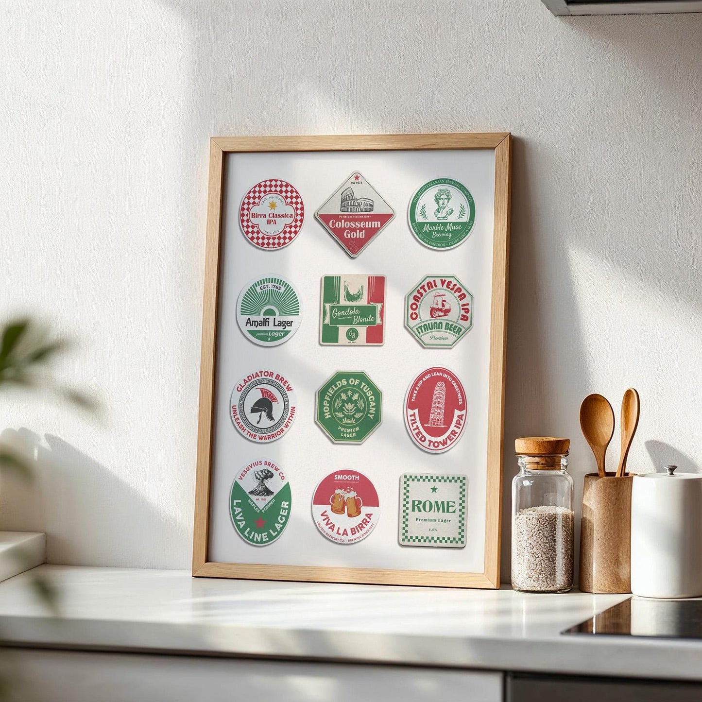 Digital Italy coaster poster with Leaning Tower of Pisa, Rome Colosseum. great beer pint gift for traveller dads.