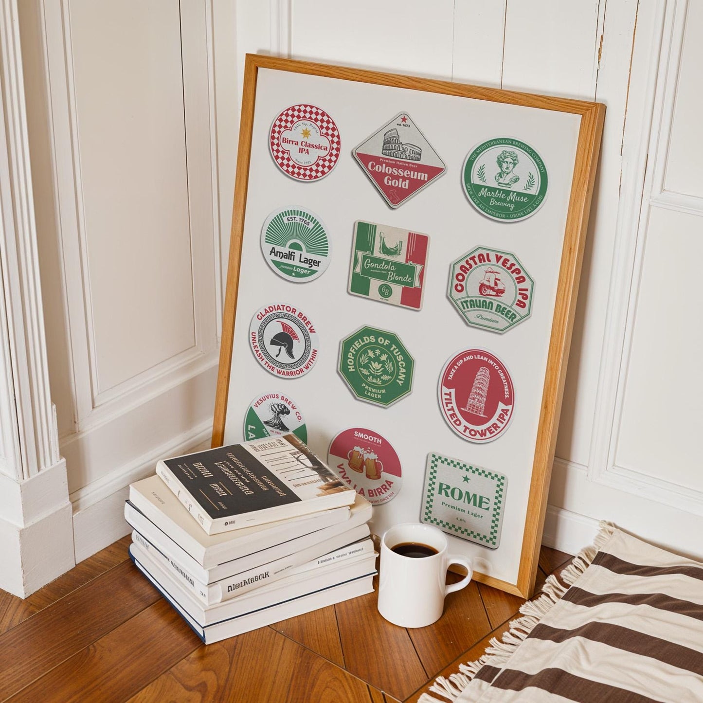 Florence pub art with Rome and Milan framed and leaning on office desk great gift for beer fans