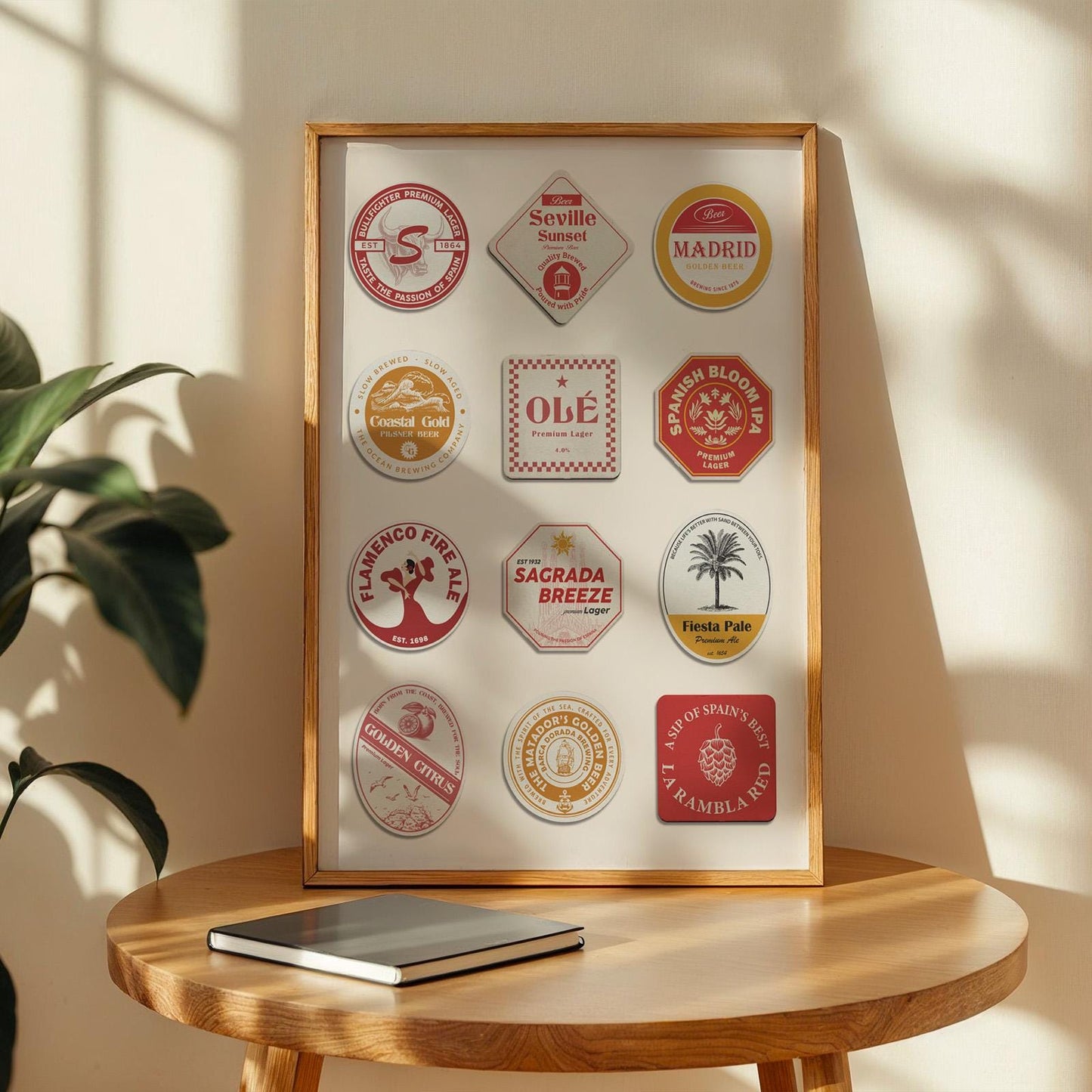 Handmade Spain beer coaster poster showing Madrid, Valencia, Park Güell, famous landmarks, perfect beer pint pub holiday gift