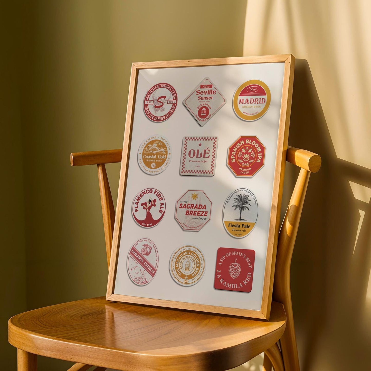 Spain beer mat poster with iconic cities Madrid, Barcelona, Alhambra, plus beer traditions, perfect pub gift for travellers.