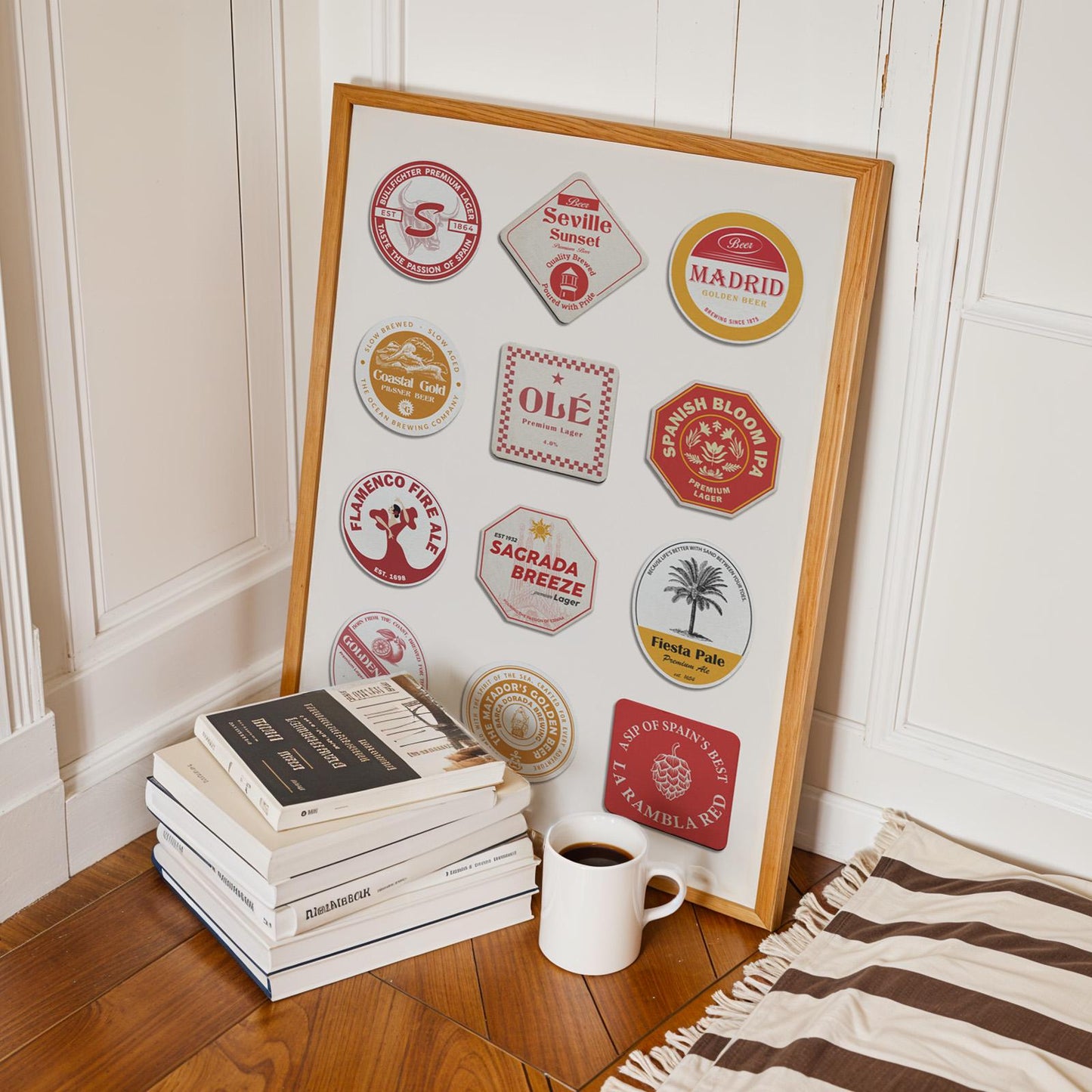 Spanish beer coaster poster featuring Madrid, Barcelona, Seville, Alhambra, flamenco, ideal gift for pub and beer lovers