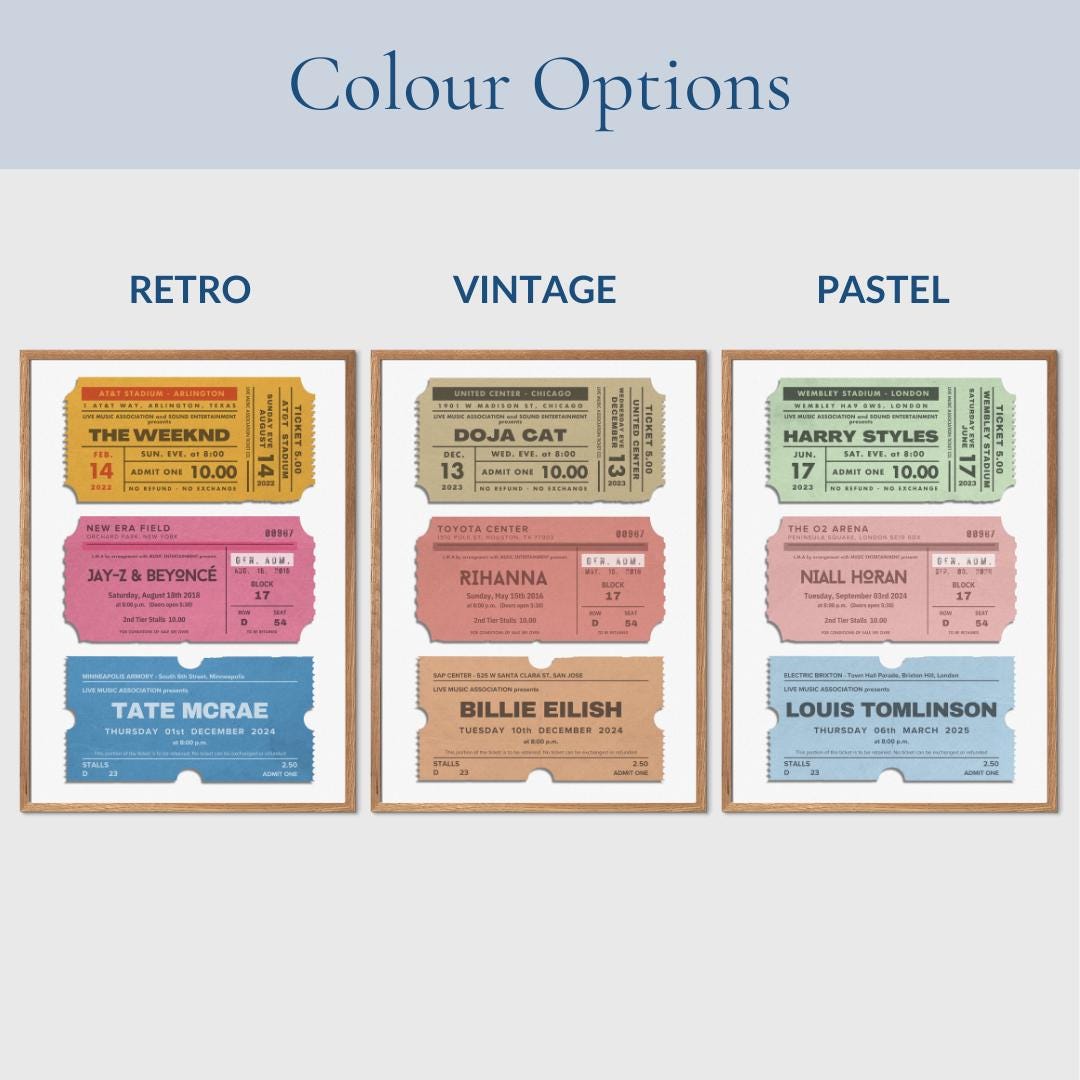 Digital vintage concert ticket stubs artwork, personalized for festival and gig memories, perfect nostalgic gift.