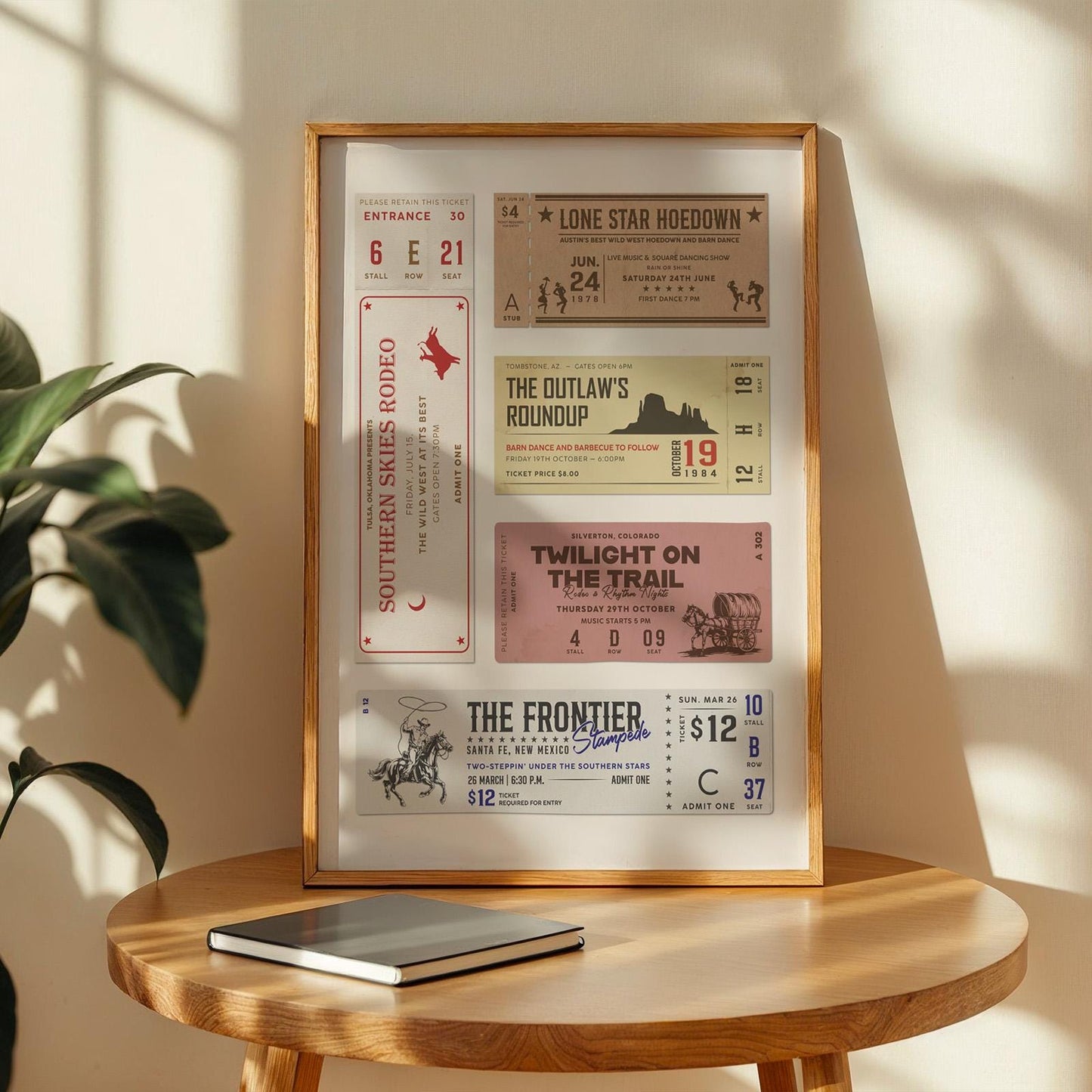 wild west hoedown western rodeo ticket stub print framed in Oak.